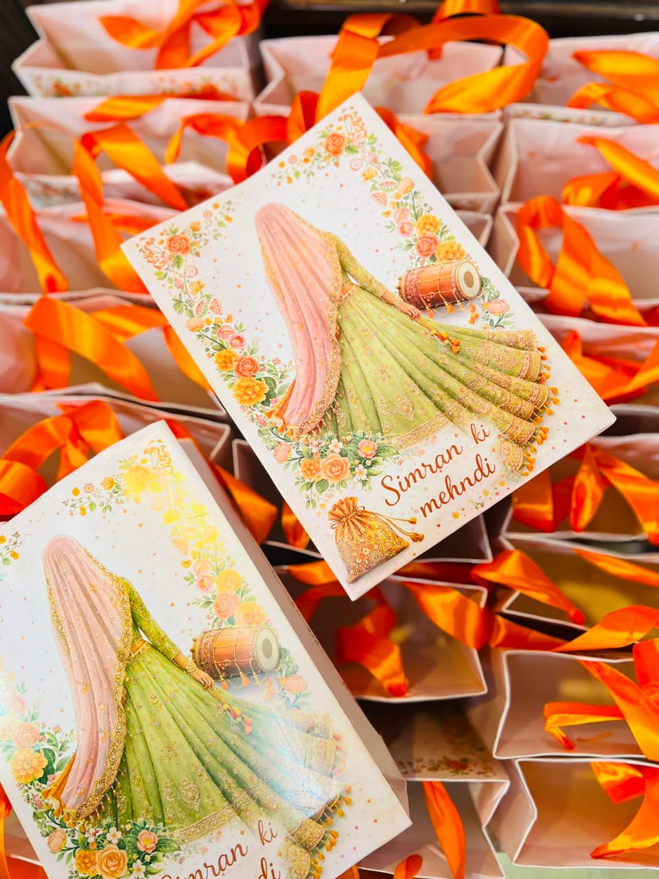 Premium Pink & Orange Mehndi Invitation & Favor Set