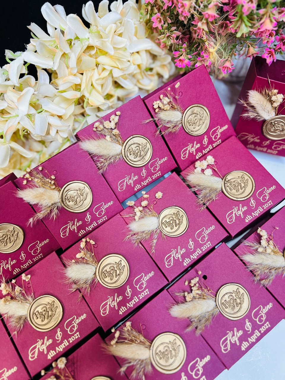 Premium 3×3 Burgundy Bid Box With Wax & Dried Flowers